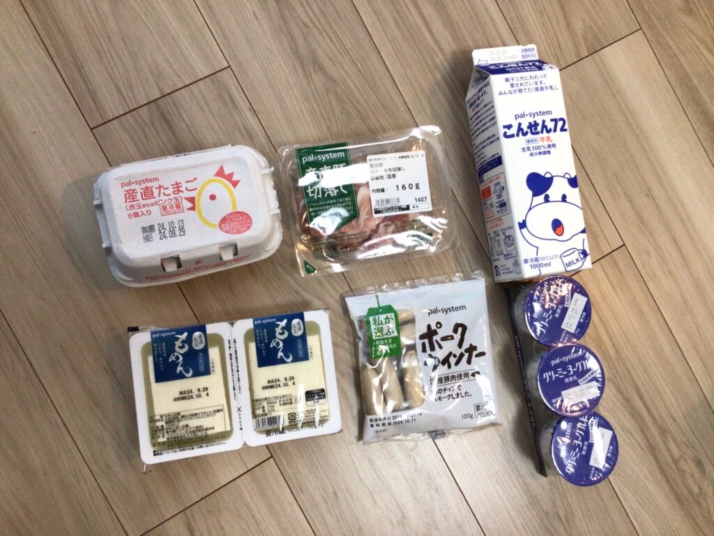 卵、豚肉、牛乳、豆腐、ウインナー、ヨーグルトなどのパルシステム商品