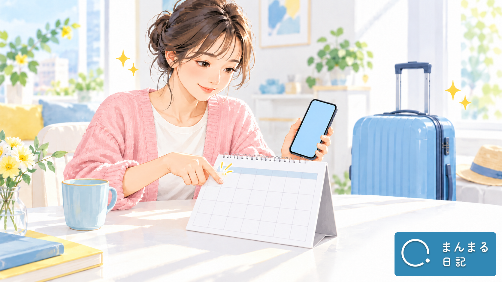 旅行の予定を確認し、スマートフォンで休止を準備するイメージ