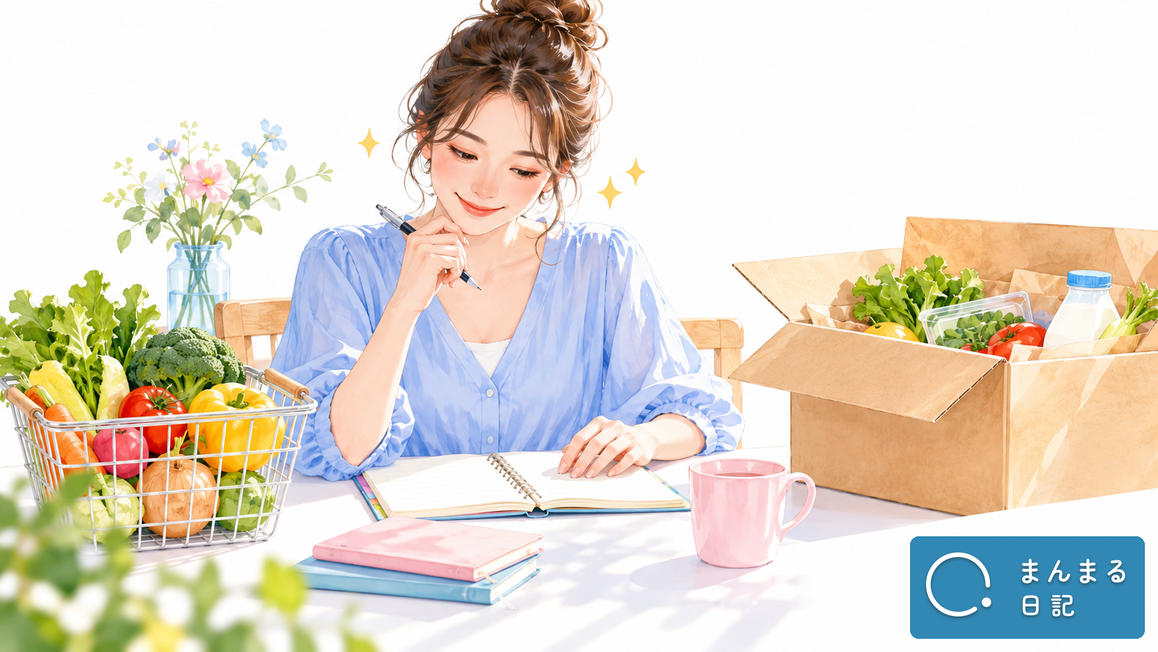 食材とノートを前に宅配の費用を考える女性のイメージ