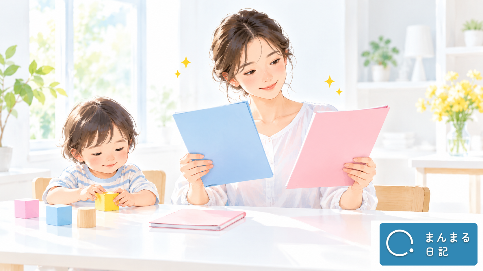子どもと一緒に地域ごとの特典案内を確認するイメージ