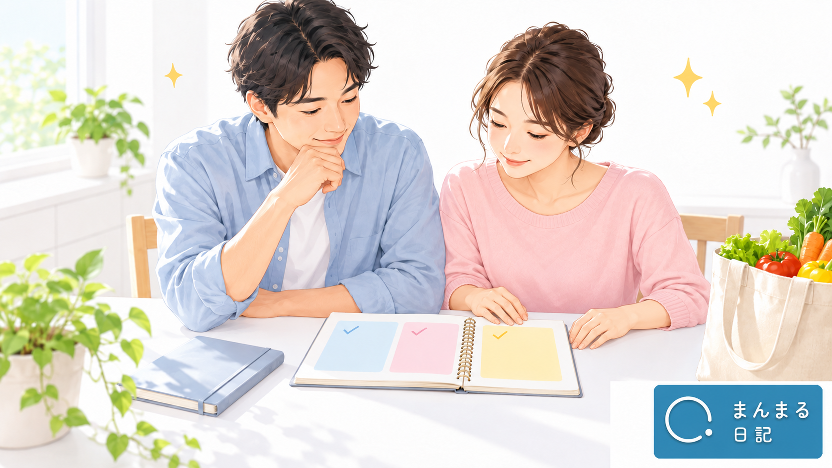 夫婦でノートを見ながら家計の予算を整理するイメージ